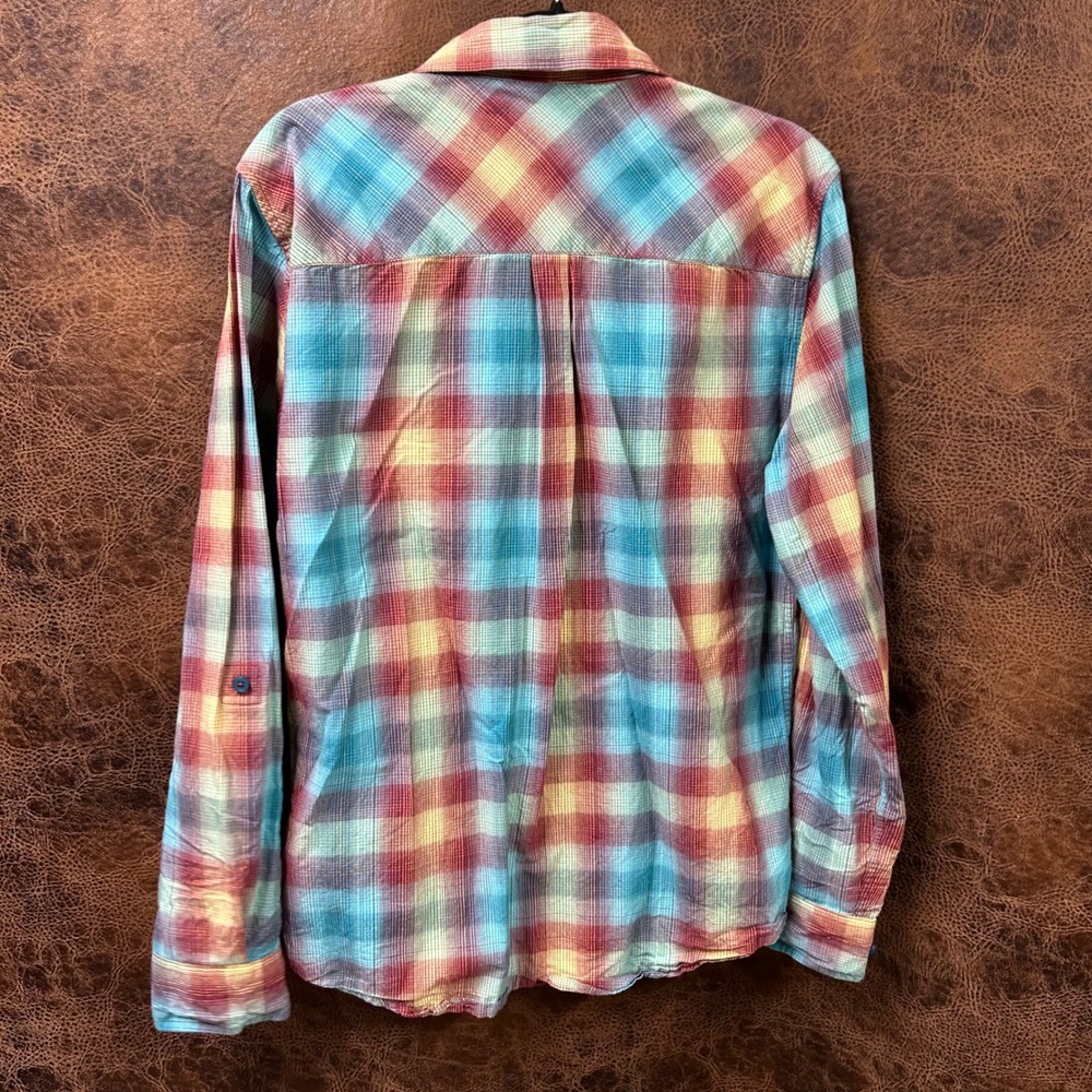 Vans Off the Wall Y2K Teal Yellow Plaid Button Down Embroidered Logo Mens Medium - Picture 2 of 8